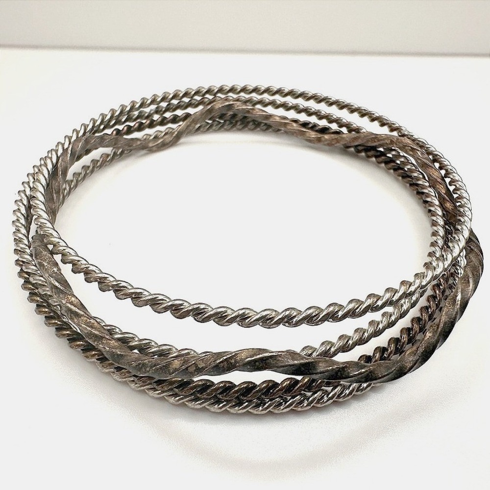 Vintage‎ Silver Tone Stackable Twisted Metal Bangles Set Of 3 Bohemian Jewelry